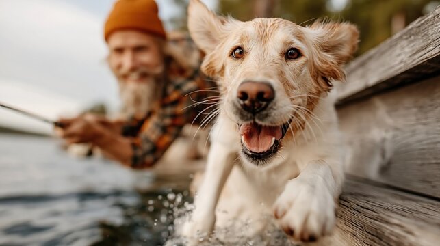An older man with a beard enjoys fishing while his happy dog runs along the waterside, embodying a joyful connection to nature and companionship in a serene outdoor environment.