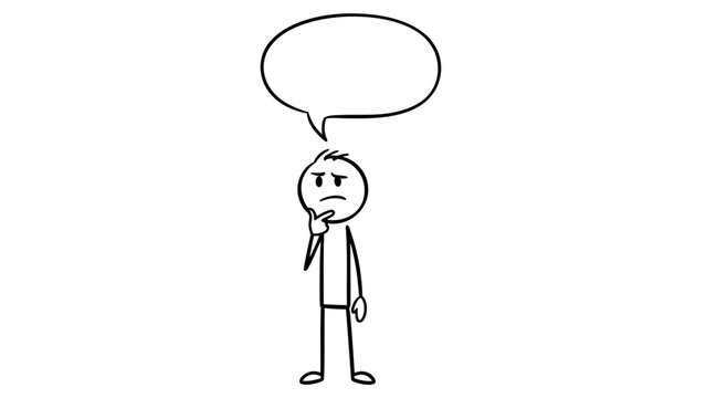 Thought Bubble & Contemplation: A minimalist stick figure contemplates, a blank thought bubble hovering above, inviting viewers to project their own ideas, questions, or solutions.