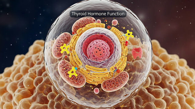 Medical illustration of a thyroid cell with its nucleus and organelles, depicting thyroid hormone production and function within the endocrine system