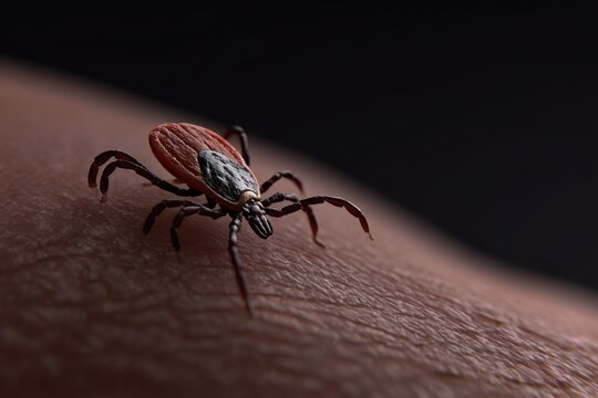 Macro view of a reddish tick crawling on textured human skin with dark background capturing the detailed anatomy of the parasite in natural lighting