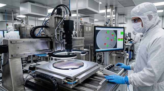 Automated optical inspection of silicon wafer on illuminated stage shows semiconductor defect detection, machine vision control and precise manufacturing quality assurance.