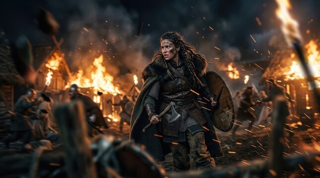 Viking warrior woman in battle amidst burning village