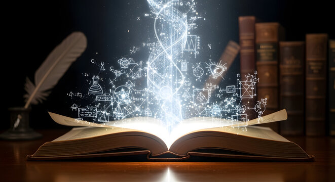 Open book with quill pen and glowing scientific diagrams knowledge and learning concept high quality professional