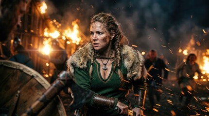 Naklejka premium Viking woman in battle amid flames and smoke