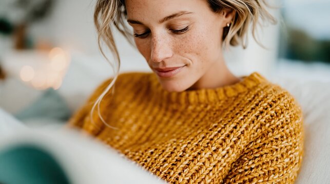 A young woman in a cozy knit sweater enjoys a quiet moment of reading, embodying comfort, relaxation, and the joy of immersing oneself in literature's world.