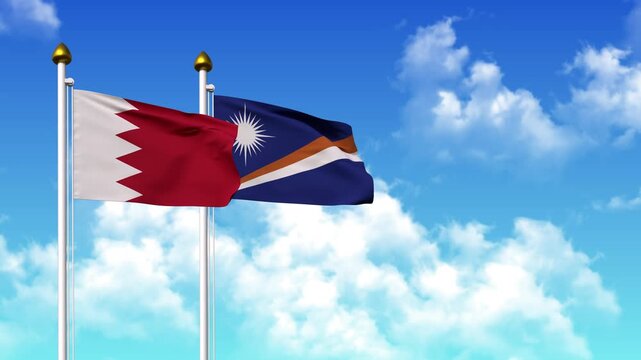 Waving flags of BAHRAIN and MARSHALL ISLANDS on pole included with alpha