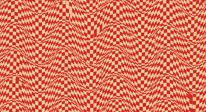 Red and beige checkered pattern with wavy lines and optical illusion effect