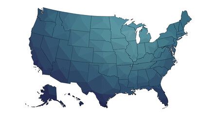 Geometric vector map of the United States rendered with a polygonal mesh and a cool blue gradient, displayed against a bright white background to emphasize the interconnected shapes © NanzZ