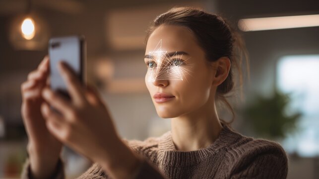 Close-up biometric face identification with woman scanning face using smartphone, digital identity verification concept with visible scanning light and secure modern technology interaction
