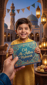 Adult Handing Over Eid Al-Adha Mubarak Gift Box to a Happy Kid