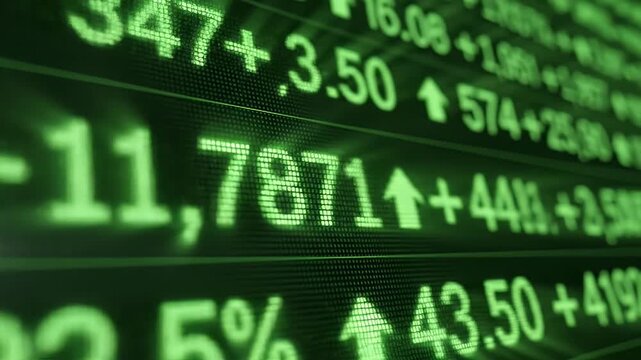 Stock market data ticker showing digital figures and arrows in green color scheme