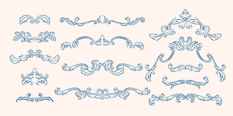 Naklejka premium Set of curves, monograms, classical arcitecture decor. Design elements for frame, mirror, pattern, border. Baroque decor borders. Hand drawn, sketch traditional, antique ornaments, compositions.