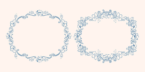 Set of two oval frames, mirrors, borders. Baroque decor. Hand drawn, sketch traditional, antique ornaments. Cottagecore frame. Flowers, leaves, curves. Botanical design.  © olechkaart