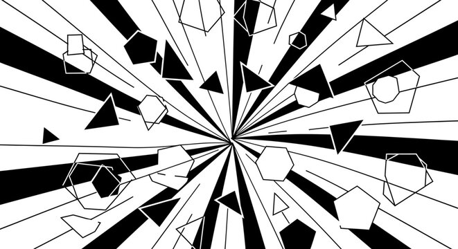 Abstract Black and White Radial Burst Background with Geometric Shapes