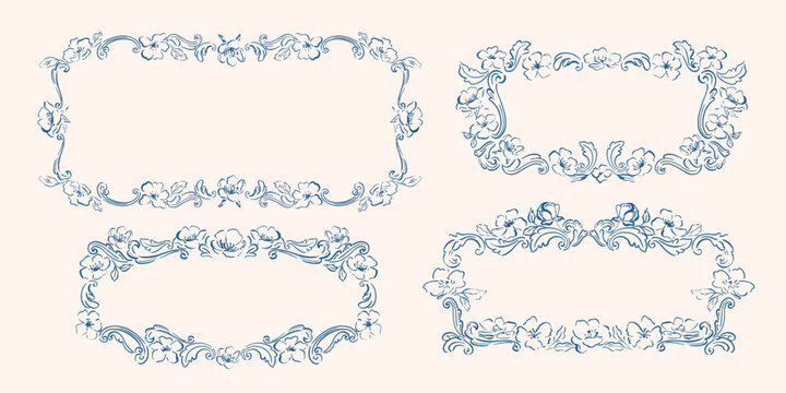 Set of four rectangle frames, mirrors, borders. Baroque decor. Hand drawn, sketch traditional, antique ornaments. Cottagecore frame. Flowers, leaves, curves. Botanical design. 