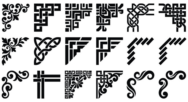 Decorative frame borders set featuring gothic celtic geometric and floral patterns in black ink on white background for luxury invitation design page decoration and architectural borders.