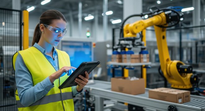 Automated food packaging with robotics concept showing automation engineer manufacturer programming robotic arm at end of line system highlighting smart manufacturing efficiency technology innovation