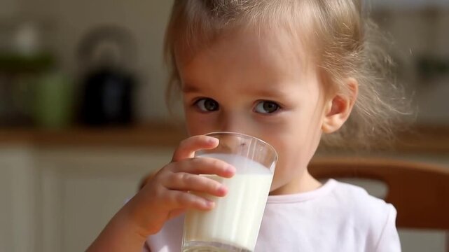 Little girl drinking milk with white mustache on upper lip, joyful eyes, soft window light, innocent childhood moment. Concept for children&rsquo;s dairy products