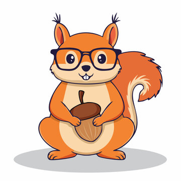 Cute cartoon squirrel wearing glasses holding an acorn