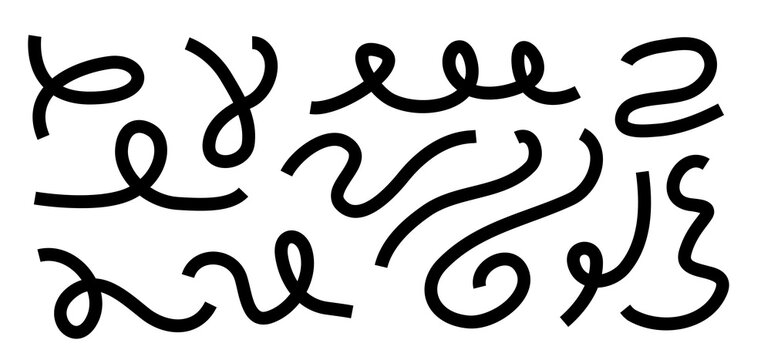 Squiggle line set. Festive element collection. Isolated squiggly vector party ribbons. Black on white.