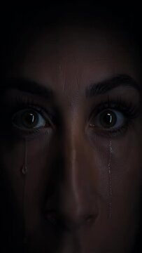 Intense close up of woman face crying in the dark