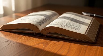 Fototapeta premium Open book with text on a wooden table close up photography high quality professional detailed modern