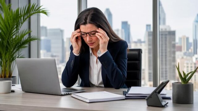 Stress and tired business woman at laptop in office for anxiety, debt crisis and eye strain problem.

