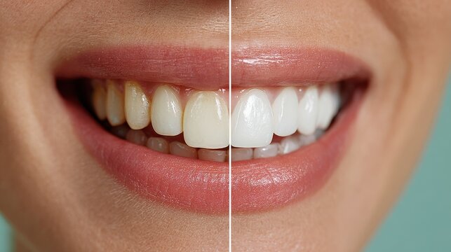 Hyperrealistic close-up of female smile showing natural teeth with stains and chips on one side and perfect white porcelain veneers on the other, cosmetic dentistry concept.