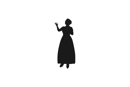 Elegant woman silhouette in a long classic dress gesturing with hand