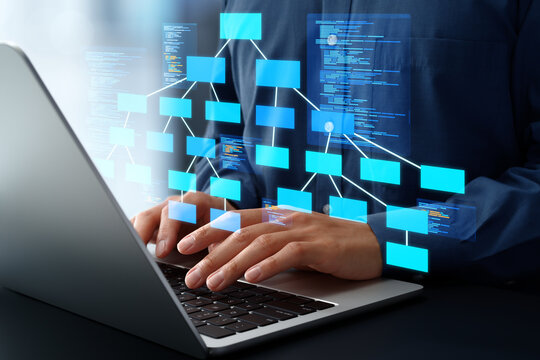 Data structures and organization. System development and algorithms. Source code. Engineer programming on laptop computer.
