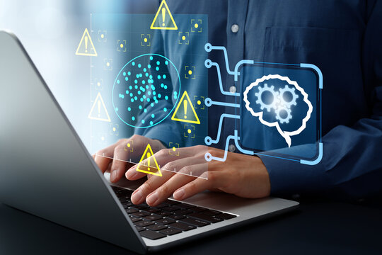 Anomaly detection using machine learning. Identification of unusual patterns in data. Engineer using laptop computer to detect anomalies in network traffic and system behavior.
