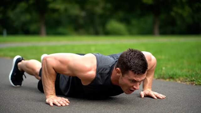 A muscular person doing push-ups on a paved pathway in a park, demonstrating physical exercise and strength training for fitness goals
