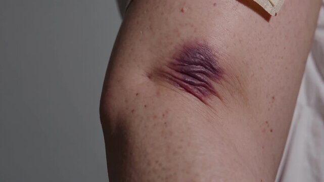 Closeup Of Bruised Inner Elbow Showing Purple Hematoma On Adult Arm With Adhesive Patch, Studio Lighting, Neutral Background, Clinical Atmosphere, Ideal For Medical Injury, Diagnosis, Treatment