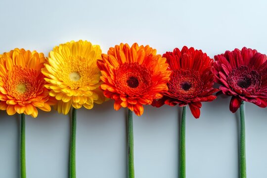 Few gerbera flowers arranged in a neat horizontal row on white background, top down flat lay, color gradient from light yellow to deep red. AI generative