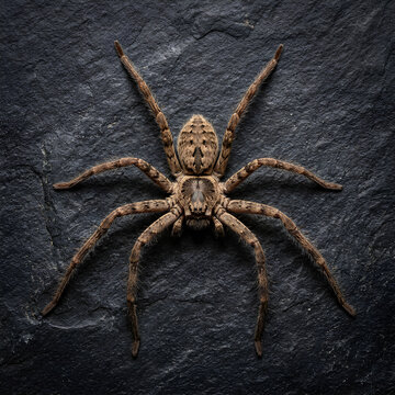 Closeup of a large spider on a dark textured surface.