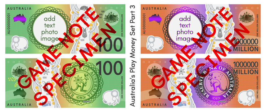 Vector set play money. Australia. Obverse and reverse of 100 and 1000000 Australian dollar banknote. One hundred and million dollars. Seal with kangaroo. Empty circle, add text or image. Part 3