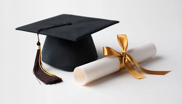 Graduation achievement and academic success mortarboard and diploma with gold ribbon on white background celebrating. High quality photo