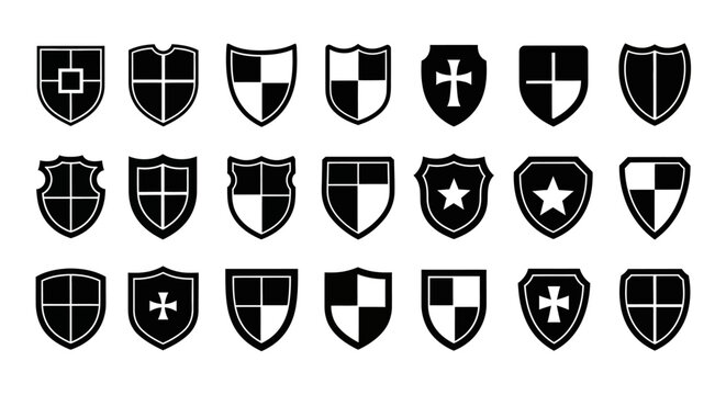 Set of Heraldic Shield Icons in Black and White Flat Style