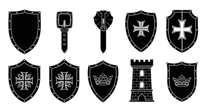 Set of Medieval Heraldic Shields and Knightly Emblems in Black and White