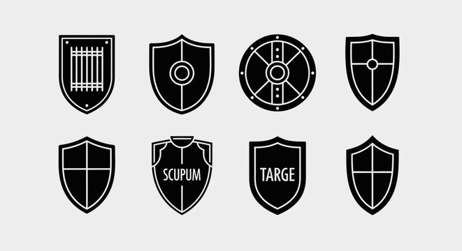 Set of Medieval Shield Icons and Ancient Defense Armor Symbols