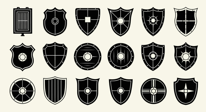 Set of Medieval Shield Icons and Knight Armor Emblems