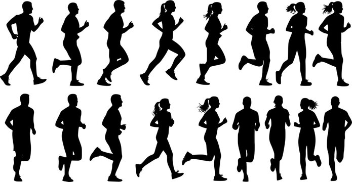 Running men and women, isolated vector silhouettes. Run, side view. Silhouettes of athletic looking male and female runners running. Transparent EPS version.