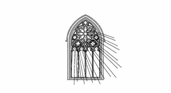 Ornate gothic rose window with radiating light beams