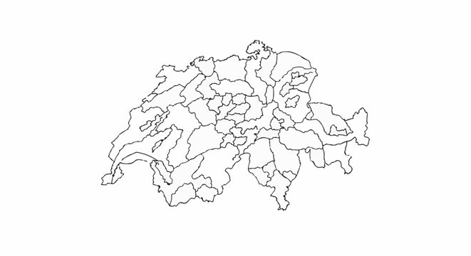 Outline map of Switzerland divided into administrative regions with rivers