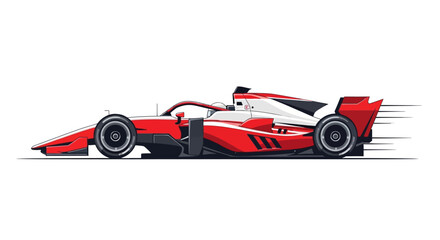 Fototapeta premium Side view illustration of a red and white race car speeding with motion blur against a plain white backdrop, highlighting the vehicle's aerodynamic design with sleek lines showing