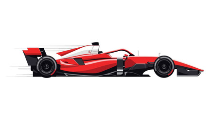 Fototapeta premium Side view of a red and white race car speeding forward, rendered with dynamic motion blur to emphasize its velocity, set against a stark white background, creating a sense of high-speed