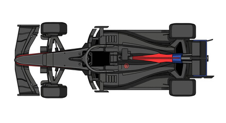 Fototapeta premium Overhead vector illustration of a sleek, black Formula One race car with red accents and blue engine detailing, isolated against a stark white background in a minimalist, technical style