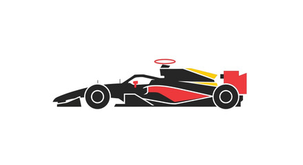 Fototapeta premium Side view illustration of a stylized formula race car with black, red, and yellow color scheme, rendered in a flat design style against a clean white background, conveying speed and modern