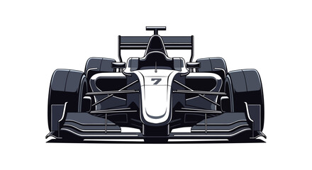 Fototapeta premium Front-facing vector illustration of a sleek, dark Formula One race car with white accents against a plain white background, displaying a modern design and a sense of speed and aerodynamic
