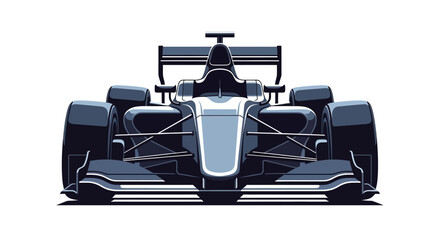 Fototapeta premium Front view of a sleek, dark blue Formula One race car rendered in a flat, vector illustration style against a plain white background, showcasing its aerodynamic design and conveying speed